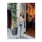 Simli Moda Kadın Siyah Krep Kumaş Çizgili Yelek Pantolon Takım