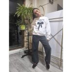 Şimo Butik Kız Çocuk Bol Paça Kot Pantolonlu Takım (Sweatshirt+ Beli Lastikli Pantolon) Kurdeleli Siyah - 7 Yaş
