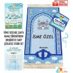 Simply Line Isimli Çantalı Erkek Kız Çocuk Seccadesi Namaz Öğretici Broşür, Takip Çizelgesi ve Tesbih Seti - Mavi - 45 x 90 cm