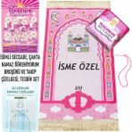 Simply Line Isimli Çantalı Erkek Kız Çocuk Seccadesi Namaz Öğretici Broşür, Takip Çizelgesi ve Tesbih Seti - Pembe - 45 x 90 cm