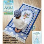 Simply Line Namaz öğreniyorum ve çizelgesi tesbih hediyeli Büyük Boy 45X90 Kız Erkek Çocuk Namaza Ilk Adım Çocuk Seccadesi Eğlenceli Dekoratif Namazlık hediyelik - Mavi - Beyaz - 45 x 90 cm