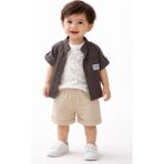 Simya Bebe - 3'lü Takım. Keten Gömlek, Desenli Kolsuz Penye Tşört ve Keten Şort Pantolon - Erkek - 9 Ay - Koyu Gri