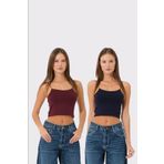 ŞİNDO GİYİM İp Askılı Astarlı Crop Büstiyer Bluz Lacivert ve Açık Mor İkili Set