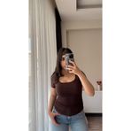 Siner Fashion Kadın Kahverengi U Yaka Pamuklu Soft Basic Bluz