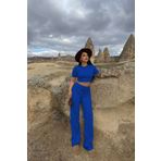 Siner Fashion Kadın Saks Mavisi Crop Bol Paça Pantolon Alt Üst Takım