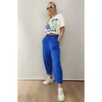 Sinhan Bol Kesim Yüksek Bel Şalvar Pantolon - Saks Mavi - S