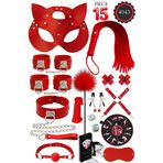Sınırsızmarket 15 Parça Kırmızı Fantezi Set, Kelepçe, Maske, Kamçı, Kısıtlama Aksesuarları, Yetişkin Oyun Seti