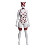 Sınırsızmarket Kırmızı Deri Kedi Maskeli Kadın Harness Seti, Kolye Zinciri ve Uyluk Bantları ile