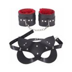 Sınırsızmarket Kırmızı Suni Deri Kelepçe ve Kedi Maskesi Seti, Metal Zincirli, Kadife Astarlı