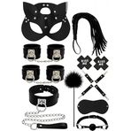 Sınırsızmarket10 Parça Yetişkin Fantezi Set, Siyah, Kedi Maskesi, Kelepçeler, Kamçı, Tasma, Suni Kürk Aksesuar