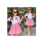 sinmm kız çocuk alt üst takım balon etekli yaka cicek detaylı pudra pembe renk t-shirt