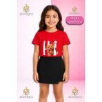 Sinrez Kız Çocuk Takım Hı Ayıcık Yazı Icınde Baskılı Kısa Kol Tişört Şort Etek - 15 - 16 Yaş - Siyah - Kırmızı
