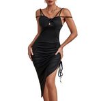 SINROYEE Kadın seksi dantelli parti kulübü elbise v yaka Bodycon kolsuz kalem midi elbise spagetti sapanlar şal, Siyah 4, XL