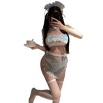 SINROYEE Kadın Seksi İç Çamaşırı Cosplay Fransız Hizmetçi Kıyafeti Kostüm Yaramaz Dantel Babydoll Önlük Süslü Elbise (Mavi 1)