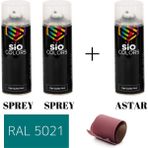 Sio Colors 2 Adet Sprey+1 Adet Astar+Zımpara Sprey Akrilik Boya Seti 400 ml (Metal-Ahşap-Araba-Plastik) - RAL-5021 TURKUAZ MAVİ