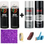 Sio Colors Metalik Simli Boya Seti 2 Adet Sprey + Astar + Vernik + Zımpara + Bant + Eldiven Sprey Boya 400 ml - METALİK MOR