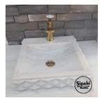 Sipahi Marble Beyaz Mermer Piramit Dizayn Kare Lavabo - Batarya Çıkışlı