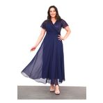 Şirin Butik Kadın Lacivert Büyük Beden Kruvaze Yaka Kısa Kol Payet Detaylı Şifon Abiye Elbise