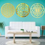 Şirin Lazer Yaşam Çiçeği Lotus Sriyantra Üçlü Duvar Dekorasyonu Set Ahşap Mdf Üzerine Gold Altın Srısı Aynalı Pleksi