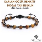 Sırlı Taş Kaplan Gözü, Hematit Doğal Taş Bileklik, Erkek Bileklik, 6 mm İpli Ayarlanabilir - 18 cm - Kahverengi