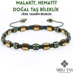 Sırlı Taş Malakit, Hematit Doğal Taş Bileklik, Kadın Bileklik, Tasarım Bileklik, Ipli Ayarlanabilir - 16 cm - Yeşil - Sarı