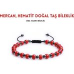 Sırlı Taş Mercan, Hematit Doğal Taş Bileklik, Kadın Bileklik, Tasarım Bileklik Ipli Ayarlanabilir - 16 cm - Kırmızı