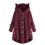 Sirseon Kadınlar için Kedi Kapüşonlu | Düz Renk Tüylü Ceket Kışlık Mont | Polar Kapüşonlu Sweatshirt, Kadınlar için Sıcak Büyük Boy Dış Giyim Dış Mekan Kış, Wine Red, M