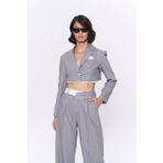 Sırtı Yazı Baskılı Kumaş Garnili Crop Ceket Gri
