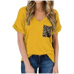 SISAY Kadın V Yaka Tee Gömlek Leopar Baskı Yaz Şık Kısa Kollu Cepli Tişörtler Günlük Katı Üstler, sarı leopar, XL