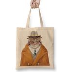 Şişman Süslü Cats Kedi Bez Çanta Uzun Saplı - Açık Bej - 40 X 40