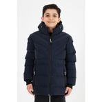 SİVAİST Lacivert Erkek Çocuk Sabit Kapüşonlu Şişme Deri Karışımlı Kumaş Mont&Kaban