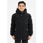 SİVAİST Siyah Erkek Çocuk Sabit Kapüşonlu Şişme Deri Karışımlı Kumaş Mont&Kaban