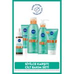 Sivilve Karşıtı Cilt Bakım Seti, Derma Skin Clear Serum,Yüz Temizleme Jeli,Tonik,Peeling,Gece Kremi