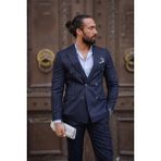 Sivri Yaka Kruvaze Slim Fit Takım Elbise - Lacivert - 48