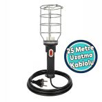 Siyah 25 Mt Plastik Saplı Metal Koruma Kafesli Kablolu E27 Standart Duy Seyyar El Lambası
