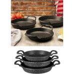 Siyah 3’lü Lüx Granit Döküm Sahan ve Yumurta Tavası Seti, 18-20-22 cm - Seçenek 1 - Ahşap