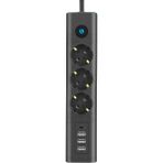 Siyah 3'lü Priz Akım Korumalı Isıya Dayanıklı Çocuk Kilitli Tasarım 3 USB Girişli 1 Type-C Girişli