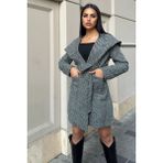 Siyah Balıksırtı Desenli, Kruvaze Yaka, Kapüşonlu, Kemerli Uzun Kaşe Kaban (Astarsız) - 36