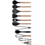 Siyah Bambu Silikon Kepçe Kaşık Kevgir Makarna, 2 Spatula, 2 Maşa, Çırpıcı, S Kaşık, Makas 11 Li Set