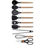 Siyah Bambu Silikon - Kepçe, Kaşık, Kevgir, Makarna, 2 Spatula, Silikon Maşa, Makas, Çırpıcı, 9 Adet Çok Renkli
