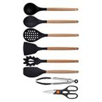 Siyah Bambu Silikon - Kepçe, Kaşık, Kevgir, Makarna, Açılı - Düz Spatula, Metal Maşa, Makas 8 Li Set