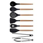 Siyah Bambu Silikon - Kepçe, Kaşık, Kevgir, Makarna, Açılı - Düz Spatula, Metal - Silikon Maşa Set
