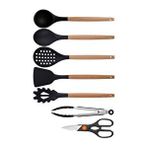 Siyah Bambu Silikon - Kepçe, Kaşık, Kevgir, Makarna, Açılı Spatula, Metal Maşa, Makas 7 Li Set