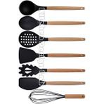 Siyah Bambu Silikon Servis Set - Kepçe, Kaşık, Kevgir, Makarna, Açılı Düz Spatula, Çırpıcı 7 Adet Çok Renkli