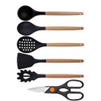 Siyah Bambu Silikon Servis Seti - Kepçe, Kaşık, Kevgir, Makarna, Açılı Spatula, Makas, 6 Adet renkli