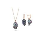 Siyah Barok İnci Kolye Küpe İkili Set (Rose)