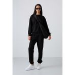 Siyah Basic Pamuklu O Yaka Oversize Lastik Paça Kadın Eşofman Takım - 95287 - Siyah - Siyah