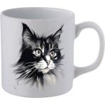 Siyah Beyaz Kedi Baskılı Beyaz Kupa Bardak - Seramik Çay, Kahve Hediyelik Bardağı - 001 - Beyaz