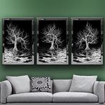 Siyah Beyaz Kuru Ağaçlar Temalı Aynalı Çerçeveli 3 lü Kanvas Tablo Seti 150x70 cm SETS0352