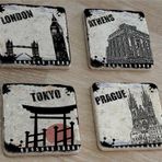 Siyah Beyaz Londra Atina Tokyo Prag Doğal Taş Bardak Altlığı 4'lü set - Natural Stone Coasters